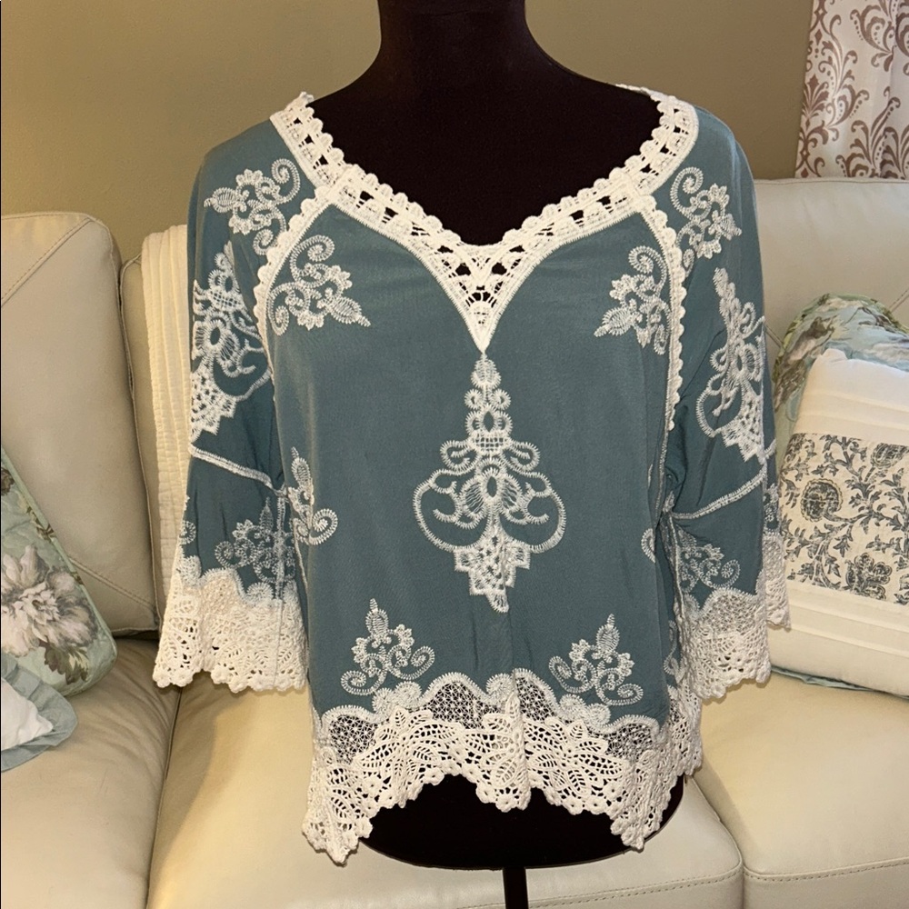 Democracy Green Blouse  with White Embroidery